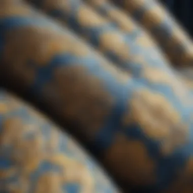 Close-up of textures and patterns in blue and yellow fabrics