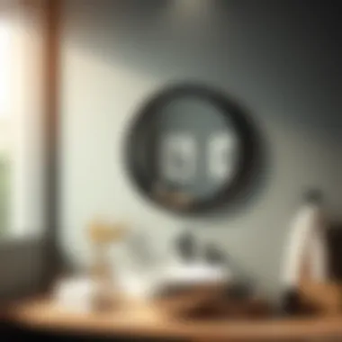 A stylish black rimmed round bathroom mirror reflecting a modern decor