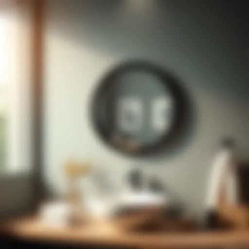 A stylish black rimmed round bathroom mirror reflecting a modern decor