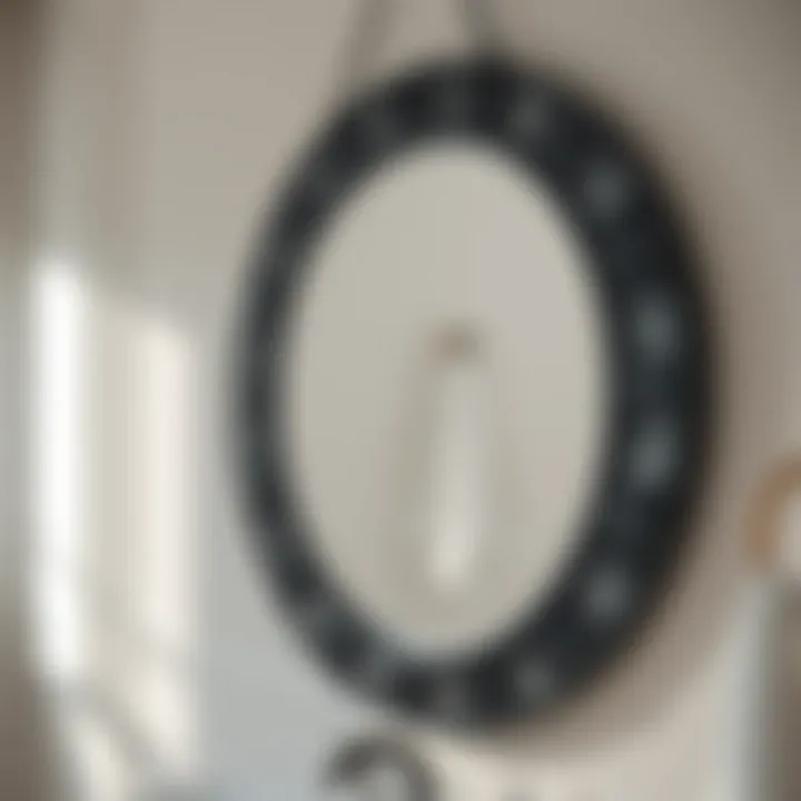 Close-up of the intricate details on a black rimmed round mirror