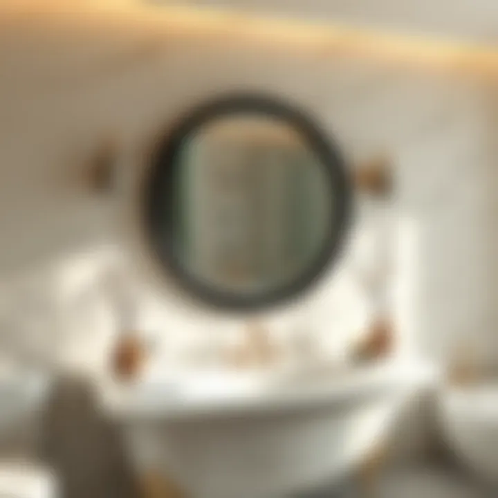 A beautifully styled bathroom featuring a black rimmed round mirror