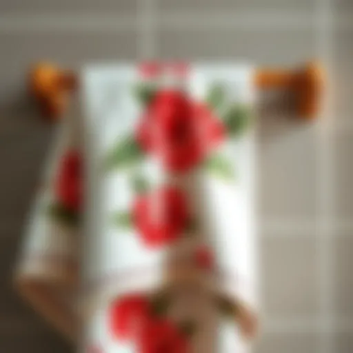 Luxurious rose print bath towel draped elegantly over a wooden rack