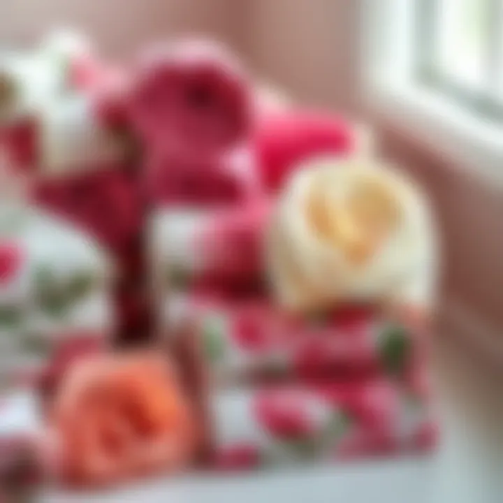 Variety of Rose Print Bath Towels Arrangement of various rose print bath towels in different colors and textures