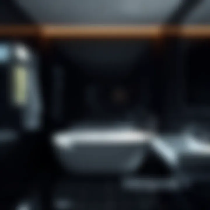 Black glass tile reflecting ambient light in a stylish bath space