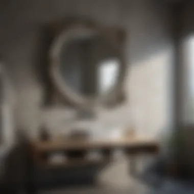 Elegant Rustic Gray Bathroom Mirror Elegant rustic gray bathroom mirror with unique frame design.