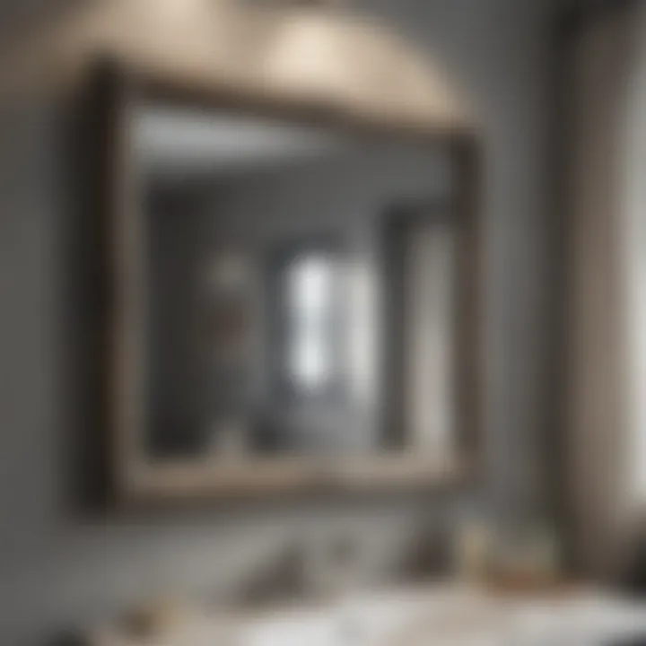 Close-up of a rustic gray bathroom mirror showcasing texture and craftsmanship.