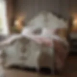 Elegant vintage shabby chic bed with floral bedding and rustic charm