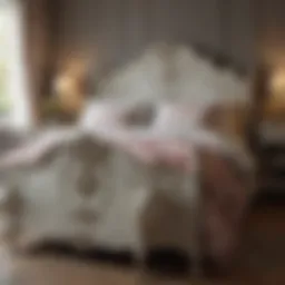 Elegant vintage shabby chic bed with floral bedding and rustic charm