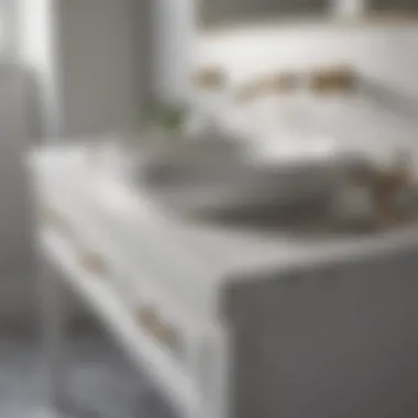 Close-up of a white bathroom vanity showcasing its materials.