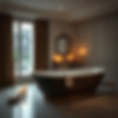 Luxurious freestanding wide bathtub with candlelight ambiance