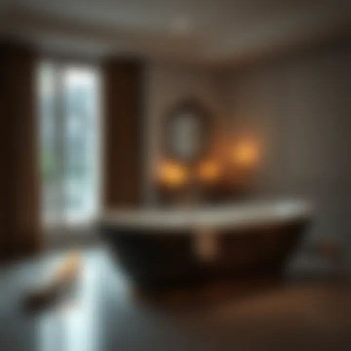 Luxurious freestanding wide bathtub with candlelight ambiance