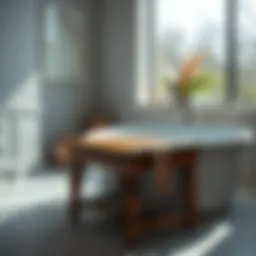 Elegant wooden bathtub stool in a serene bathroom setting