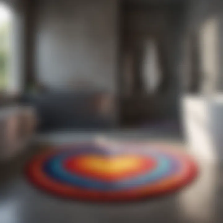 A vibrant heart-shaped bathroom rug placed near a bathtub