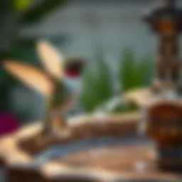 A colorful hummingbird perched by a decorative fountain