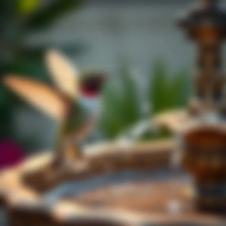 A colorful hummingbird perched by a decorative fountain