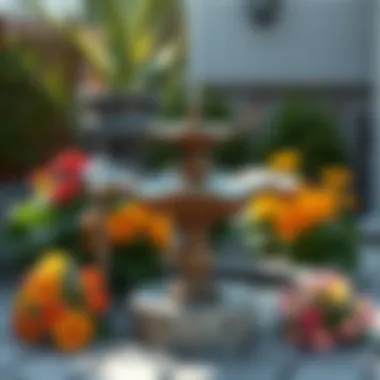 Elegant outdoor setup featuring a hummingbird bath fountain surrounded by flowers