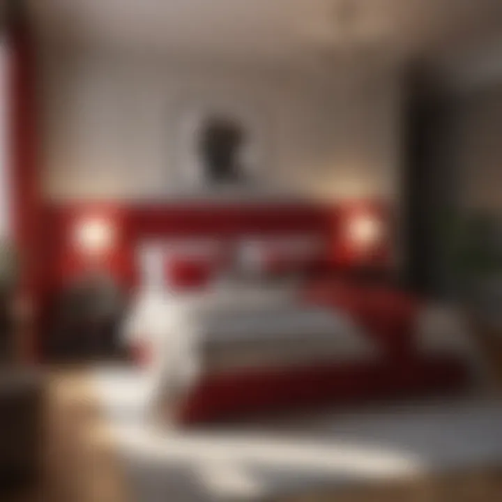 A beautifully designed bedroom featuring red accents that create a warm atmosphere.