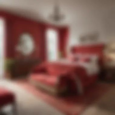 Balanced Layout of Red and Neutrals A serene bedroom layout showcasing a balanced use of red and neutral tones.