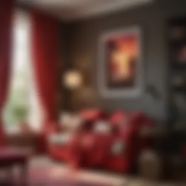 Cozy Reading Nook with Red Textiles A cozy reading nook in a bedroom adorned with red textiles and soft lighting.