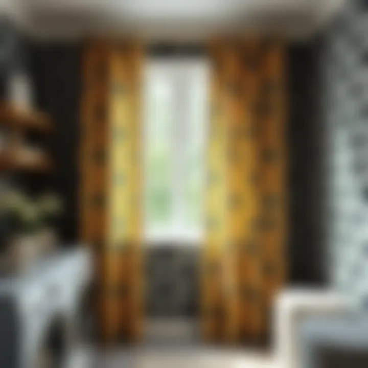 Bold patterned curtains adding character to a laundry room