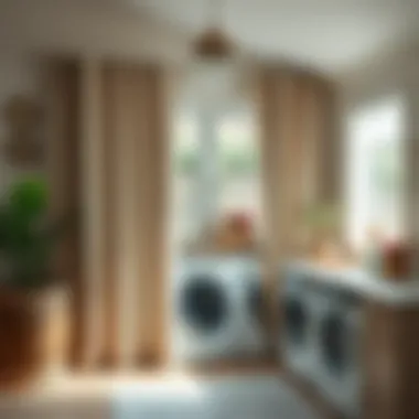 Rustic fabric curtains enhancing a cozy laundry room vibe