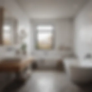 Cozy white tiled bathroom with warm lighting and wooden elements