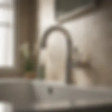 Kohler Faucet in Contemporary Bathroom Aesthetics Kohler satin nickel faucet installed in a contemporary bathroom setting