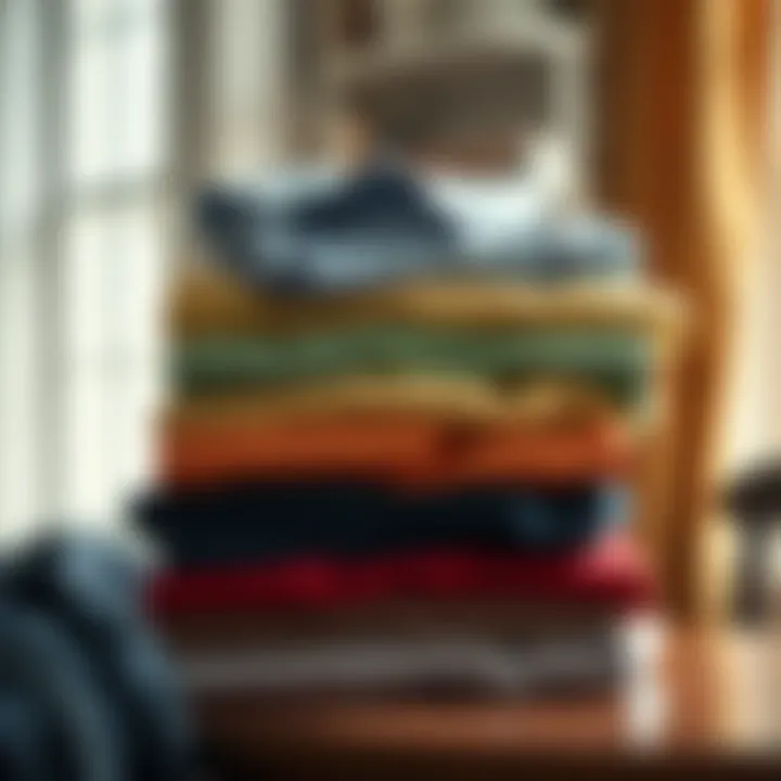 A neatly folded stack of freshly laundered clothes in various colors