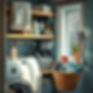 An organized laundry space with clearly labeled detergents and tools