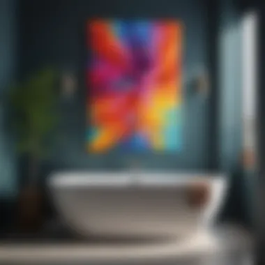 Colorful abstract prints enhancing a serene bathroom environment