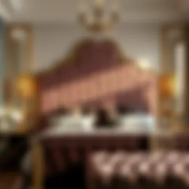 Plush Velvet Headboard with Gold Accents Luxurious bedroom featuring a plush velvet headboard and gold accents