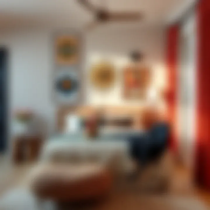 Colorful wall art and decorative accents in a trendy bedroom