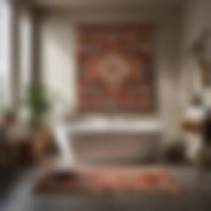 A contemporary bathroom featuring a Navajo bath mat as a focal point