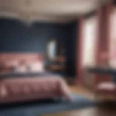 Serene Bedroom with Navy Blue and Pink Accents Serene bedroom featuring navy blue and pink color scheme