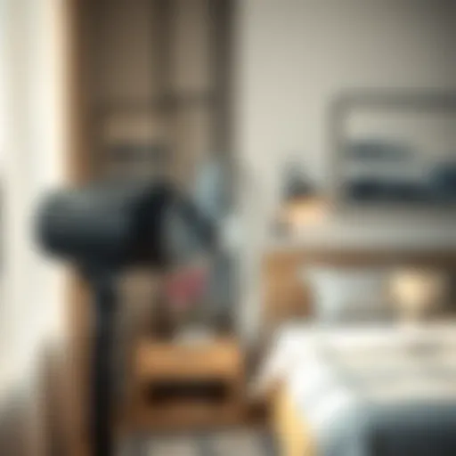 A stylish oscillating fan in a modern bedroom setting