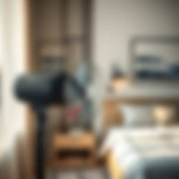 Modern Oscillating Fan in Bedroom A stylish oscillating fan in a modern bedroom setting