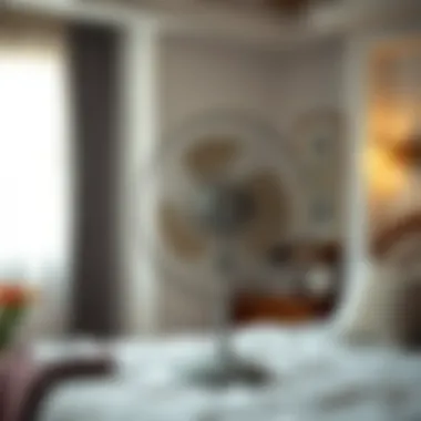 Quiet Oscillating Fan in Serene Bedroom A serene bedroom with a quiet oscillating fan running