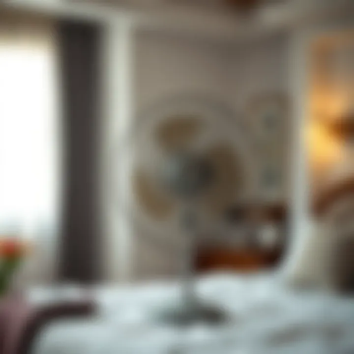 Quiet Oscillating Fan in Serene Bedroom A serene bedroom with a quiet oscillating fan running
