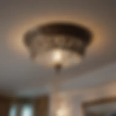 Close-up view of a flush mount light fixture in a decorated bedroom