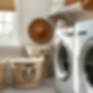 Decorative Bins for Functional Beauty Close-up view of decorative storage bins in a laundry setting.