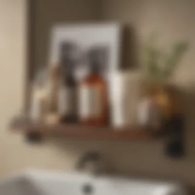 A stylish Pottery Barn bathroom shelf showcasing elegant decor and essential toiletries.