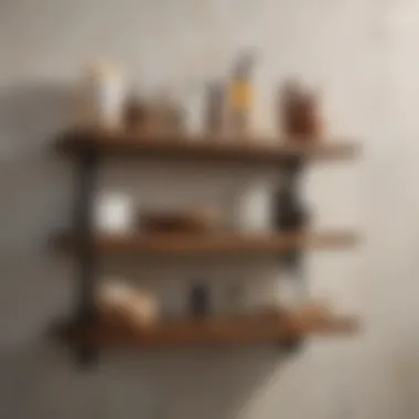 Close-up of Pottery Barn bathroom shelf materials highlighting wood and metal finishes.