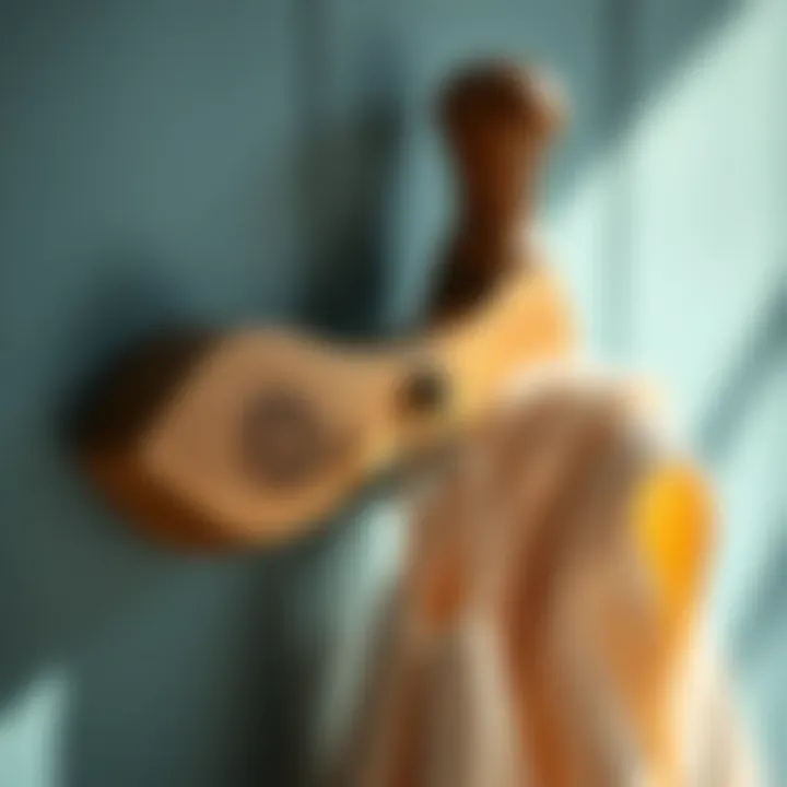 Close-Up of a Wooden Hook with Towel Close-up of a beautifully crafted wooden hook with a towel hanging