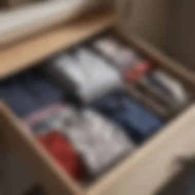 Folded clothing neatly arranged in a drawer, showcasing organizational techniques.