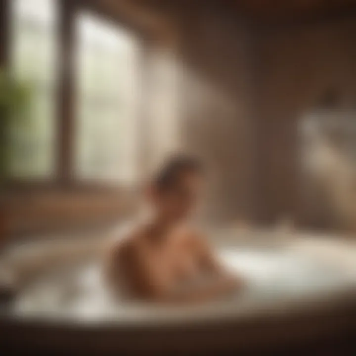 A person relaxing in a steam bath, surrounded by calming elements