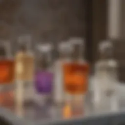 A collection of elegant bathroom perfume sprays arranged artistically.