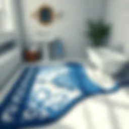 Luxurious blue and white rug on a bathroom floor