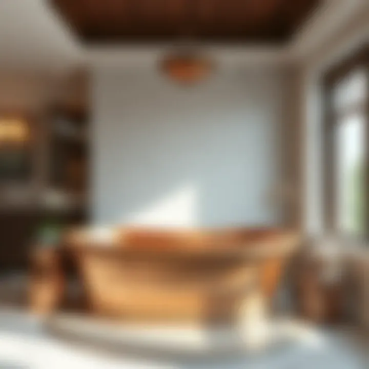 Luxurious bathroom featuring a hand hammered copper bathtub as a centerpiece