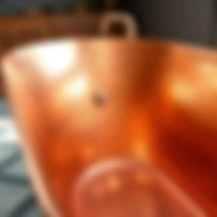 Close-up view of the unique texture on a hand hammered copper bathtub