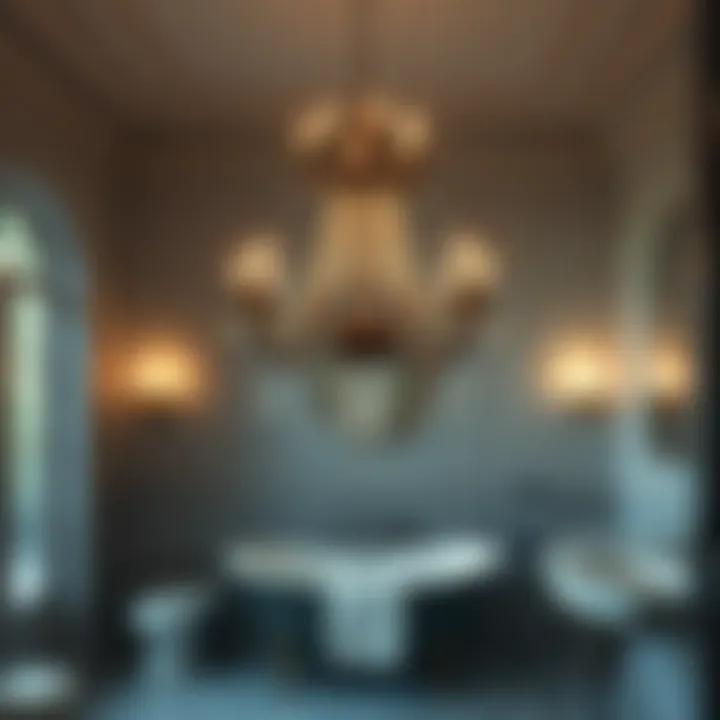 Antique chandelier adding vintage charm to a luxurious bathroom